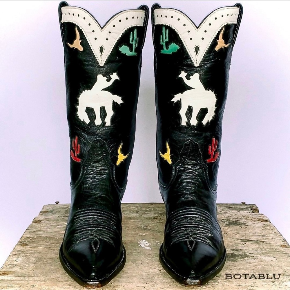 SOLD LARRY MAHAN Vintage Rodeo Cactus Black Cowgirl Cowboy Western Boots 7 - Picture 6 of 7